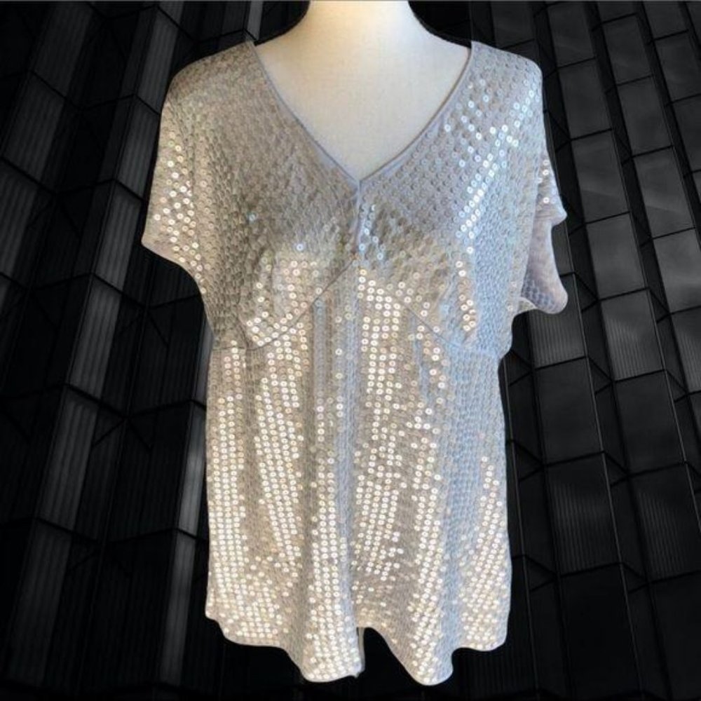 Lane Bryant Sequin Silver Short Sleeve Top 14/16